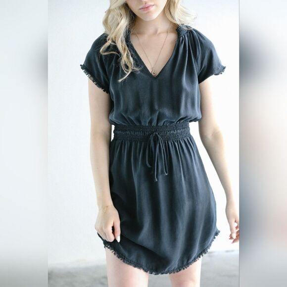 Bella Dahl Frayed Smocked-Waist Dress Lightweight Tencel Boho Fringe Medium - Picture 5 of 11